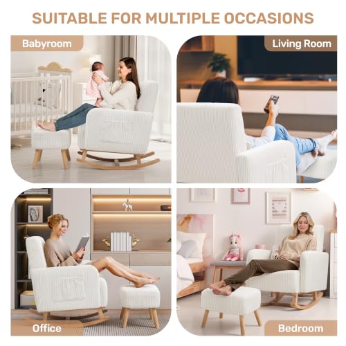 Image of HCHAIRH Rocking Nursing Chair with Ottoman, Corduroy Glider Rocker Armchair with Side Pocket and High Backrest, Comfy Reading Chair with Solid Wood Legs for Nursery, Living Room,Bedroom, Beige