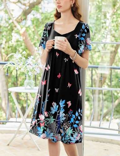 Image of Ekouaer Women's House Dress - Pleated Nightgown with Short Sleeves & Pockets