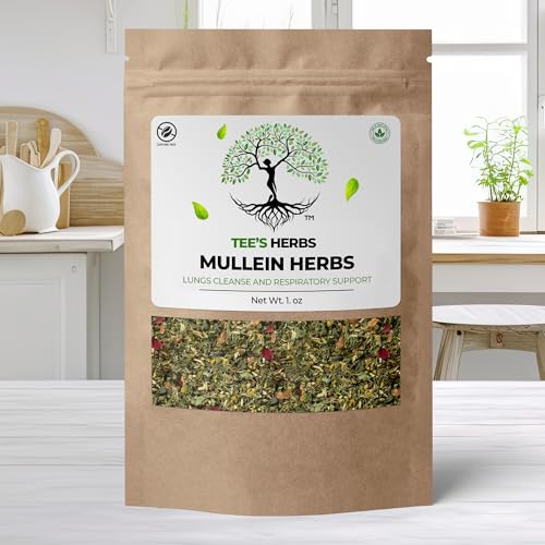 TEE'S HERBS, MULLEIN HERBAL TEA blend, Lung Cleanse and Respiratory Support. An organic and wildcrafted loose herbal leaf tea blend containing more than 6 herbs for a synergistic effect. Caffeine-free, all natural, Non-GMO, 1 oz Makes 26 Cups