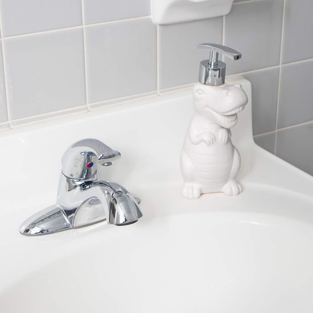 Dinosaurio de cerámica blanca, bomba de jabón líquido/dispensador de loción con bomba de metal cromado (soporta hasta 12 onzas), ideal para baño, encimera de cocina, accesorio de baño 5