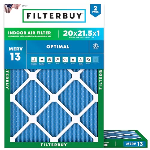 filterbuy 20x215x1 air filter merv 13 mpr 1900 health defense replacement 2-pack electrostatic pleated hvac ac furnace filters made in usa actual size 1988 x 2150 x 075