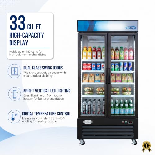 Image of KoolMore 40 in. 33 Cu. Ft. Commercial Merchandiser Display Refrigerator with Swing Doors, LED Lighting, Certified for Commercial Use in Black