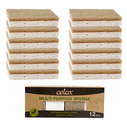 Image of CELOX Coconut Fiber Biodegradable Sponges, Eco-Friendly Dual-Sided Sponge for Dishwashing, 12 Pack