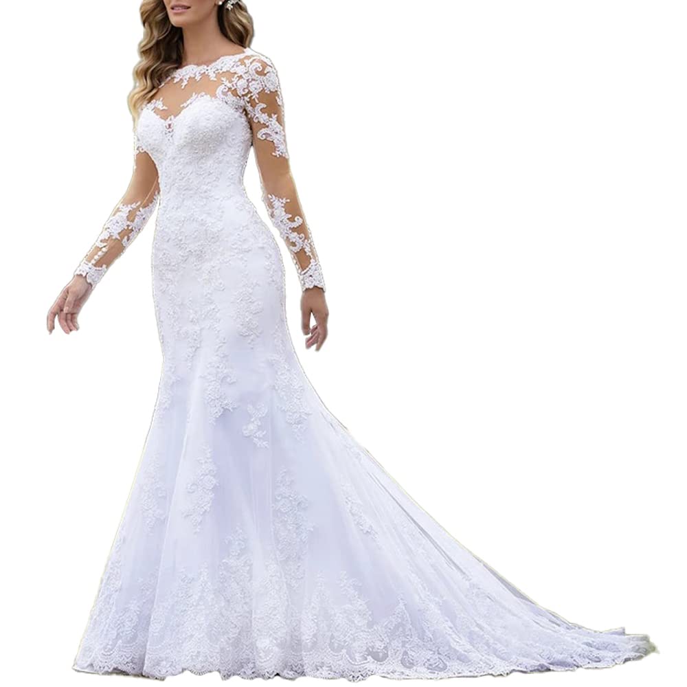 Abito da Sposa Sirena Perline Pizzo Scollo Rotondo Manica Lunga Grand Vestito da Sposa Lungo Treno Me-0325