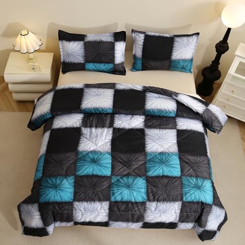 Image of Caressma Black and White Checkered Comforter Bedding Set Queen (90x90 Inch), 3 Pieces Queen Size Blue White Plaid Comforter Set, Fluffy Black Grid Home Decor for All Seasons