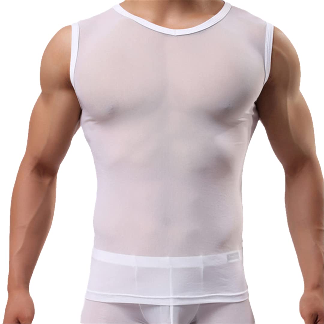 Uomini Sexy Mesh Vedere Attraverso T-Shirt Pigiameria Senza Maniche Top Intimo Maschio Undershirt Camicia Trasparente Bianco XL