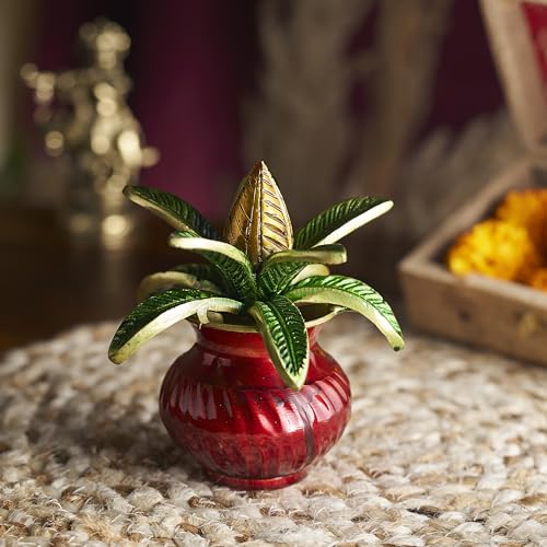 Image of ESPLANADE 5-Inch Brass Mangal Kalash Showpiece - Multicoloured, with Coconut Shriphal - Traditional Pooja, Mandir & Home Decor Item, Heavy Brass Kalash for Festivals and Spiritual Gifts (Multicolour)