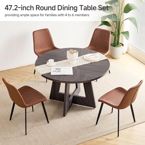 Image of 47 inch Round Dining Table Set for 4, Kitchen Table and Chairs | Wooden Cross Base, Synthetic Leather Chair, for Apartment