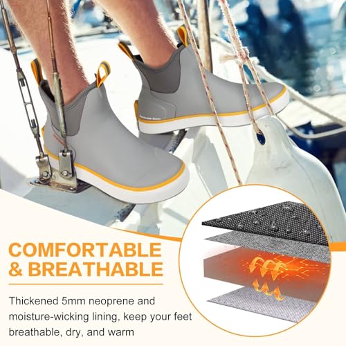Showave Men’s Deck Boots Waterproof Ankle Saltwater Rain Boot Fishing Rubber Boots Slip On Neoprene Boat Booties Work Sailing Boot For Men4