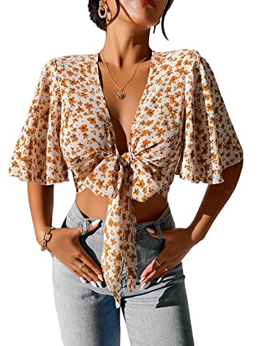 COZYEASE Women's All Over Floral Print Crop Top Deep V Neck Flutter Sleeve Tie Front Boho Summer Blouse Top