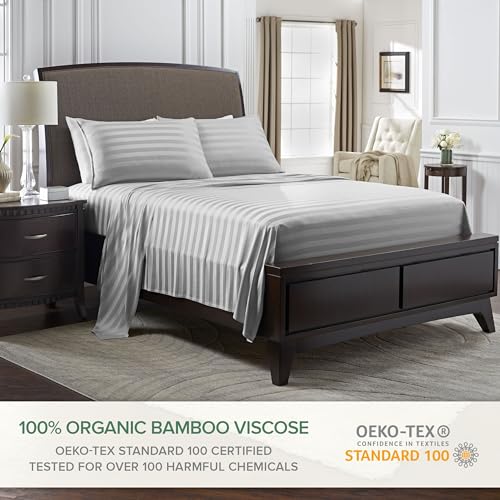 Image of Pure Bamboo Twin Sheets, Genuine 100% Organic Viscose Derived from Bamboo Bed Sheet Set, Luxuriously Soft & Cooling, Double Stitching, 2 Year Quality Promise (Twin, Jacquard Silver)