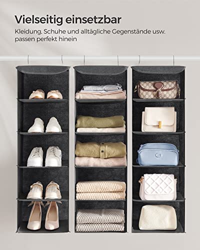 SONGMICS RCH005G02 Kleiderschrank-Hängesack, Faltbare platzsparende Hängetasche mit Metallhaken, Bambusverstärkung, Leinenmuster, Grau, 2 Stück