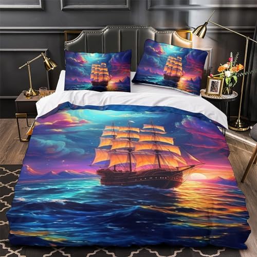 Housse de couette 3D bateaux à voile 140x200 cm avec 2 taies d'oreiller en microfibre