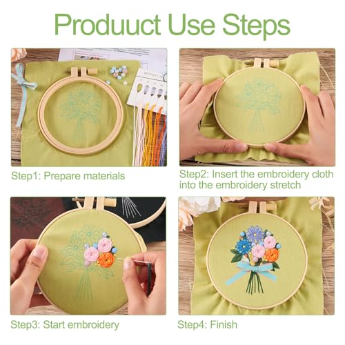 Image of Magibeads 3 Sets Bouquet Flowers Embroidery Kit Floral Embroidery Patterns Water Soluble Easy Cross Stitch Starter Kit Stick and Stitch Hobbies for Beginners Adults Sewing Gifts