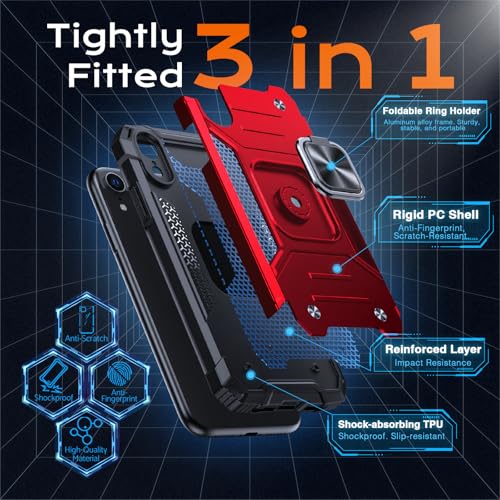 Image of Anqrp Heavy Duty Case for iPhone XR Case with Enhanced Ring Holder Grip Stand, Military Grade Shockproof Rugged Drop Protective Silicone Hard Slim iPhone XR Phone Case Cover,Corail Red