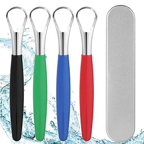 4 Pack Tongue Scraper with Storage Case,Stainless Steel Tongue Scraper Cleaner for Adults Kids,Non-Slip Handle,for Oral Care