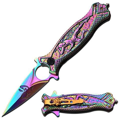 Masters Collection – Spring Assisted Open Folding Pocket Knife – Rainbow Stainless Steel Blade, Rainbow Handle w/ Sculpted Ninja, Pocket Clip, Glass Punch, EDC, Collectible, Self Defense – MC-A030RB Cover