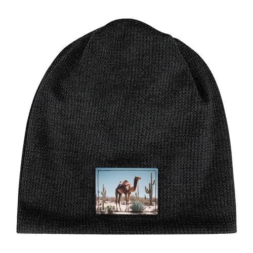 Winter Fashion Desert Cute Camel Print Knit Hats - Soft Breathable Black Beanie Unisex Versatile Accessories, Schwarz , Einheitsgröße