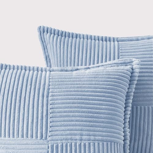 Image of MIULEE Decorative Throw Pillow Covers for Couch Bed Livingroom 18x18 Inch Set of 2 Light Blue Boho Accent Throw Pllows Broadside Striped Patchwork Soft Corduroy Pillowcases