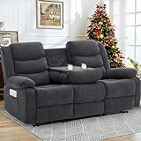 Korser Recliner Sofa, Reclining Loveseat with Console, Oversized Reclining Couch with Drop Down Table, 3-Seater Sofa with Cup Holder and Recessed Power Strip, Grey