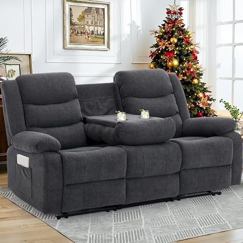 Korser Recliner Sofa, Reclining Loveseat with Console, Oversized Reclining Couch with Drop Down Table, 3-Seater Sofa with Cup Holder and Recessed Power Strip, Grey