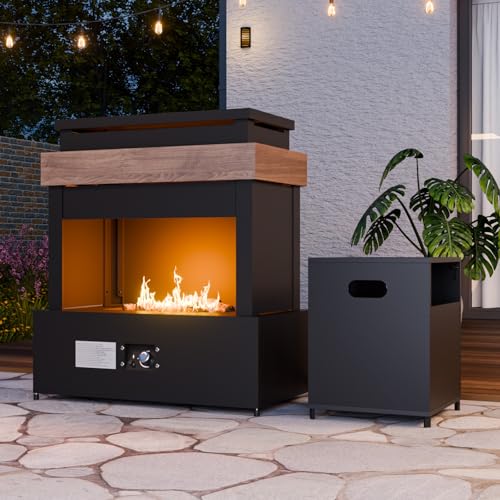 INTER HUT 35'' Outdoor Propane Fireplace with Tank Storage, CSA Certified 50,000 BTU Patio Firepit with Dust Cover for Garden, Backyard and Balcony, Gray/Beige
