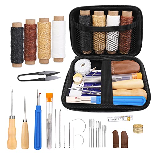 KAMAIKA Kit de couture pour cuir, aiguilles à coudre en cuir de différentes tailles et séparateurs de couture,Kit de couture en cuir pour débutants ou artisanaux en cuir Cover