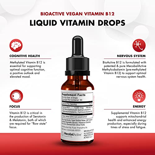 Bioactive Vegan Vitamin B12 Sublingual Liquid Supplement (4 Drops A Day For A 90-Day Supply) - B12 Liquid Vitamin Drops With Hydroxocobalamin, Adenosylcobalamin & Methylcobalamin 1,000 Mcg Per Drop #TOP4
