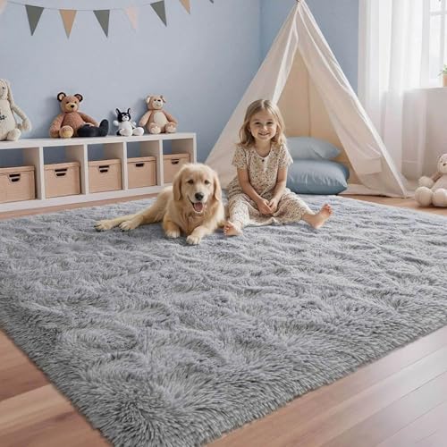Grey Rugs for Bedroom Fluffy 4x6 ft Living Room Rug Non-Slip Area Rugs Shag Carpet for Nursery Kids Play Room Dorm Office Indoor Modern Plush Carpets Boys Light Gray