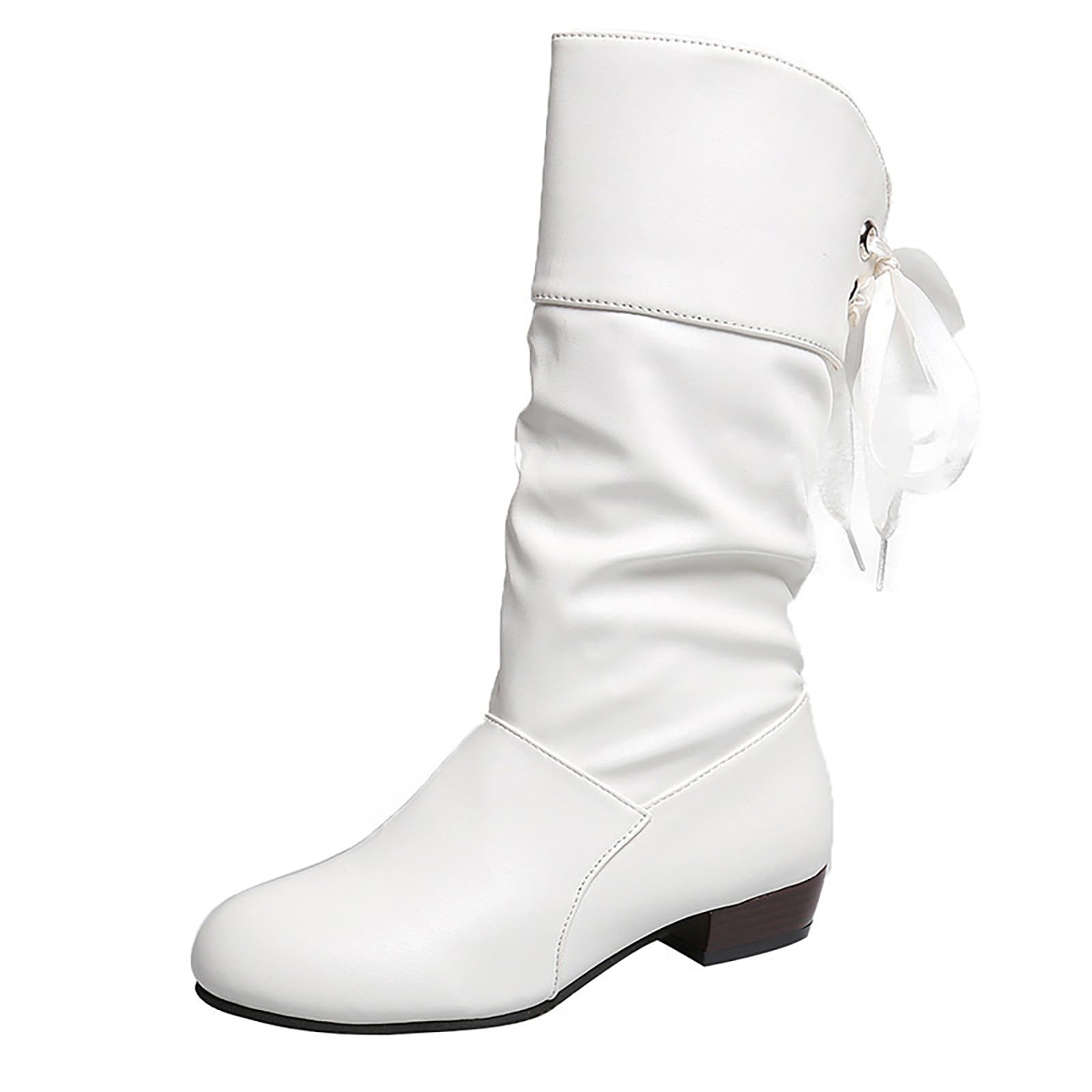 Knee High Boots for Women Lace Up Round Toe Wide Calf Boot Chunky Low Heel Non Slip Shoe