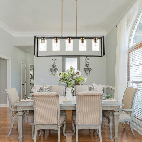Image of Farmhouse Chandeliers for Kitchen Island with Clear Glass Shade Black and Brushed Brass 5 Light Dining Room Lighting Fixtures Hanging, Rectangle Pendant Lights Industrial Ceiling Light
