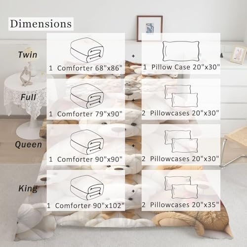 Image of Teddy Bear Comforter Set Full Size Cute Toy Bear Bedding Sets for Girls Boys Kids Adults Bedroom Decor Kawaii Animal Quilt 1 Comforter 2 Pillowcases