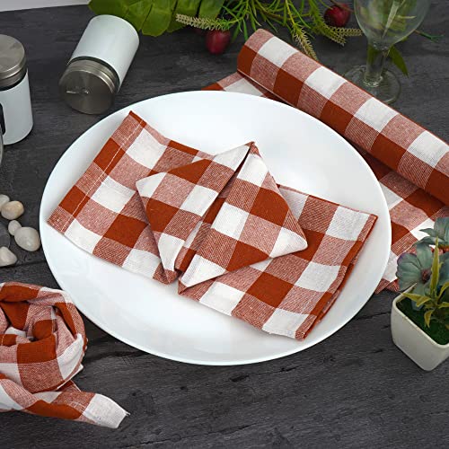 Image of FINGERCRAFT Dinner Table Napkins, Pack of 12, Everyday Use, Quality Cotton Buffalo Plaid Cloth Napkins Washable & Reusable 20in x 20in, Rust /White