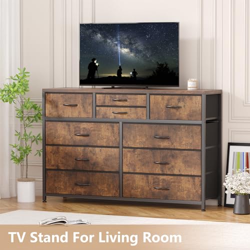 Jojoka Wide 10 Drawer Dresser,TV Stand Entertainment Center Fabric Storage Dressers Drawers for Bedroom, Hallway, Nursery, Closets, Steel Frame, Wood Top (Rustic)