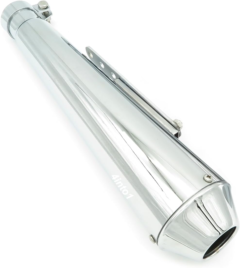 17" Reverse Cone Shorty Muffler with Mounting Clamp Bracket Removable Baffle - Chrome - Fits 1.5" - 1.75" Headers Using Reducers - 45mm ID Inlet