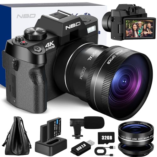 NBD 4K Digital Cameras for Photography – 48MP/60FPS Video Camera for Vlogging, WiFi & App Control, YouTube Vlogging Camera with 32GB TF Card. Wide-Angle & Macro Lens Included (Black) (Black)