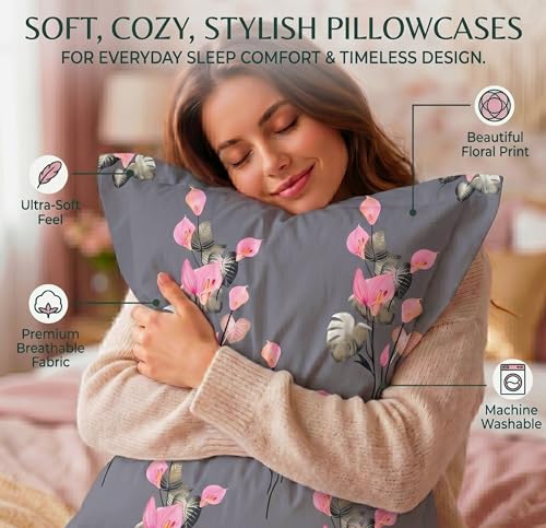 Image of VAS COLLECTIONS Cotton Pillow Cover Set of 2 (17x27 Inches) | Ultra Soft Breathable Pillow Cases for Bed | Skin Friendly, Fade Resistant & Comfortable Pillow Covers for Bedroom Decor (Grey & Pink)