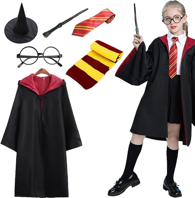 ZOYDP Kids Robe Costume, Fancy Dress with Robe Hat Scarf Wand Glasses and Tie, Dress Up for Carnival Halloween
