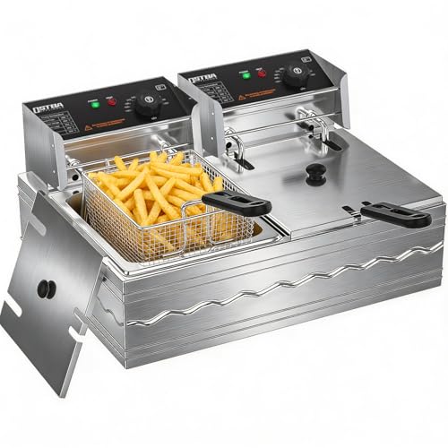 OSTBA Electric Deep Fryer with Basket, 20.7QT Large Commercial Deep Fryer, 3200W Stainless Steel Countertop Fryer with Adjustable Temperature 140–390℉, Removable Basket & Oil Tank