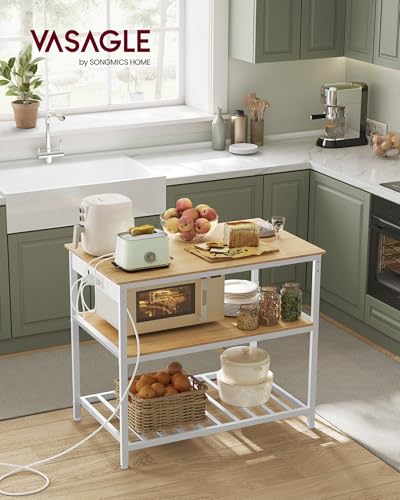 Image of VASAGLE Kitchen Island with 3 Shelves, Kitchen Shelf with Power Strip, 23.6 x 39.4 x 34.9 Inches, Large Worktop, Steel Structure, Industrial, Easy to Assemble, Oak Color and White UKKI105Y01