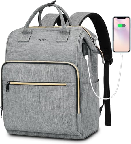 Ytonet Backpack for Women, 15.6 Inch Bookbag for Women Laptop Bookbag, Wide Open Anti-Theft Teacher Backpack College School Work Nurse Bag, Water Resistant Business Computer Bag, Grey