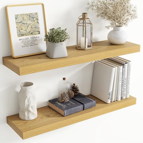 Image of 36 Inch Floating Shelves for Wall, 8 Inch Deep Floating Shelf for Storage & Display, Rustic Wall Mounted Shelf with Invisible Brackets for Living Room, Kitchen, Bathroom, Home Decor, Set of 2, Oak