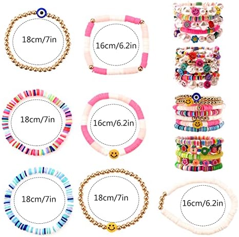 Bekecidi 23Pcs Heishi Surfer Bracelets Set, Preppy Stackable Bracelets, Rainbow Heishi Bead Bracelet, Evil Eyes Stretch Bracelets, Boho Disc Bracelets, Summer Beach Jewelry for Women Girls