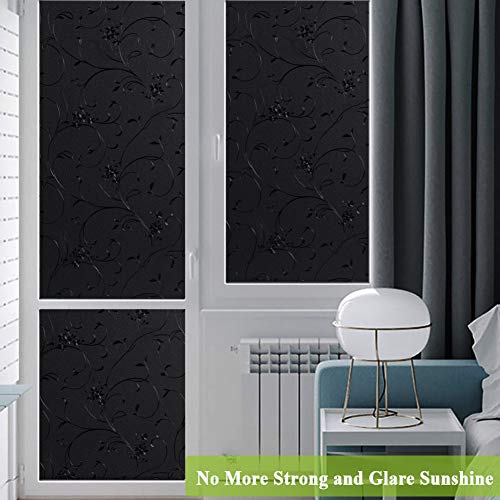 Mikomer Total Blackout Window Film,100% Light Blocking Privacy Glass Door Film Etched Flowers,Room Darkening Window Cling,No Glue/Heat Control/Anti Uv For Day Sleep & High Privacy,17.5In. By 78.7In. #TOP2