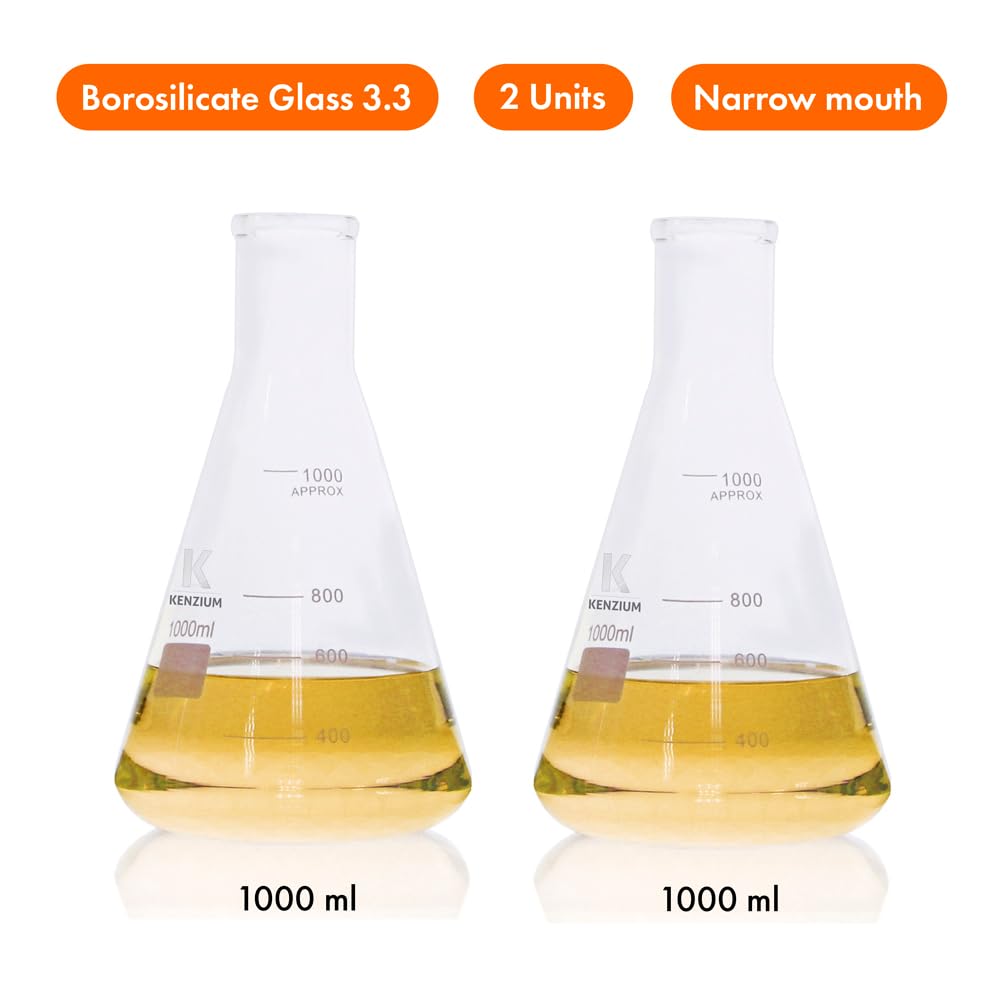 KENZIUM - Pack 2 x Matraces Erlenmeyer | 1000 ml | Vidrio Borosilicato 3.3 | con Graduación Impresa | Boca Estrecha | Ideal Laboratorio y Educación