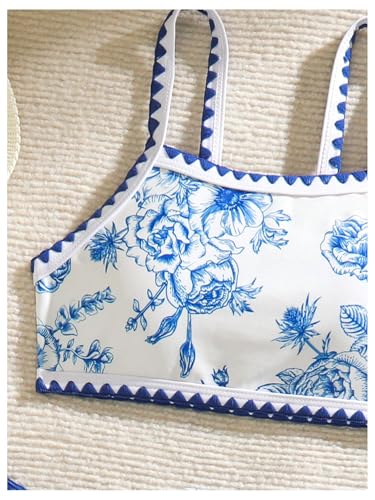 Milumia Girl's 3 Piece Swimsuit Floral Print Spaghetti Strap Swimwear with Beach Sarongs3