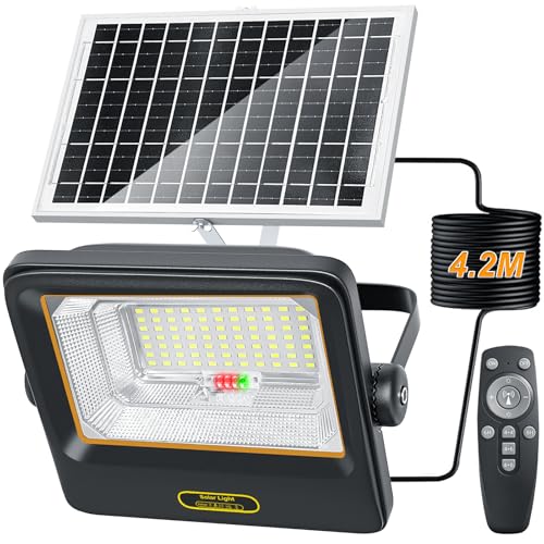 Dusk-to-Dawn Solar Lights Outdoor - 100W Waterproof IP67 Solar Flood Light, 8000mAh Solar Powered Security, 5 Modes Dimmable Floodlight with 13.78Ft Cable&Remote for Yard/Garden/Patio (4.2M Wire)