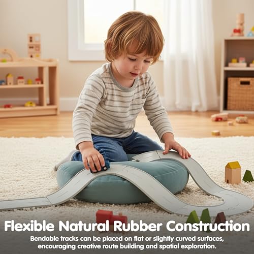 Image of PlanToys Rubber Road & Rail Expansion Tracks Set B Wooden Montessori Play Accessory | Imagination, Problem Solving and Creative World Building | Eco Friendly Track Set