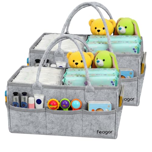 Image of Feagar Baby Diaper Caddy Organizer with Handle, 15 Inch Large 2 Pack Set with 8 Pockets & 2 Dividers, Portable Nursery Storage Basket & Car Organizer for Changing Table, Travel (Grey)