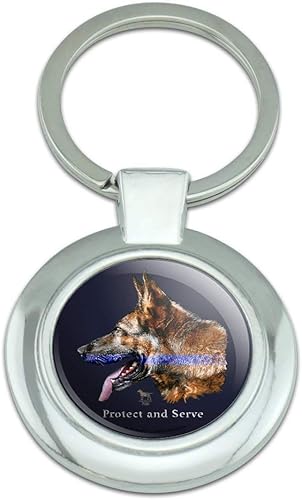 Protect and Serve K9 Police Thin Blue Line - Llavero de perro de pastor alemán con clase redonda de metal cromado